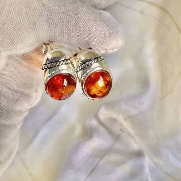 Vintage Sterling Silver Amber Earrings, Sterling Silver Earrings, Amber J - Picture 4 of 10